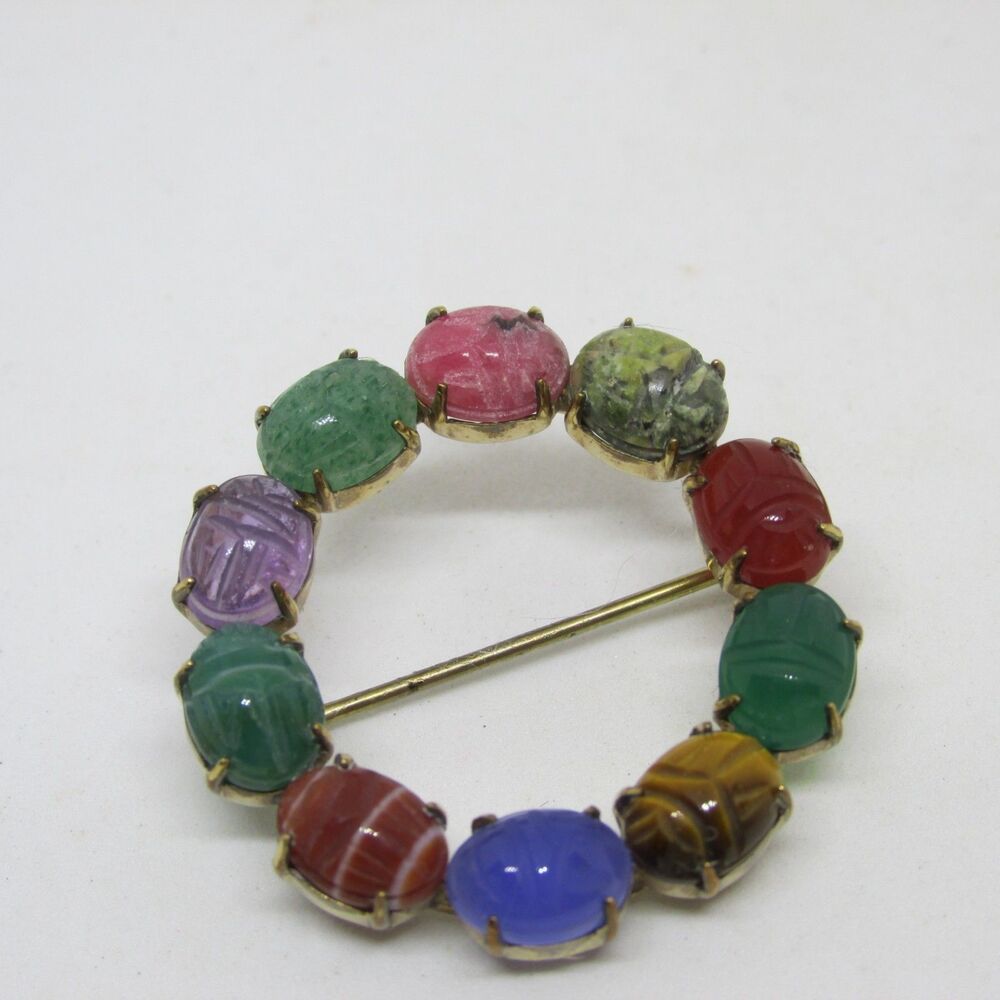 Egyptian Revival scarab WRF Wreath Brooch 1/20 12K GF Semi-Precious Gemstones